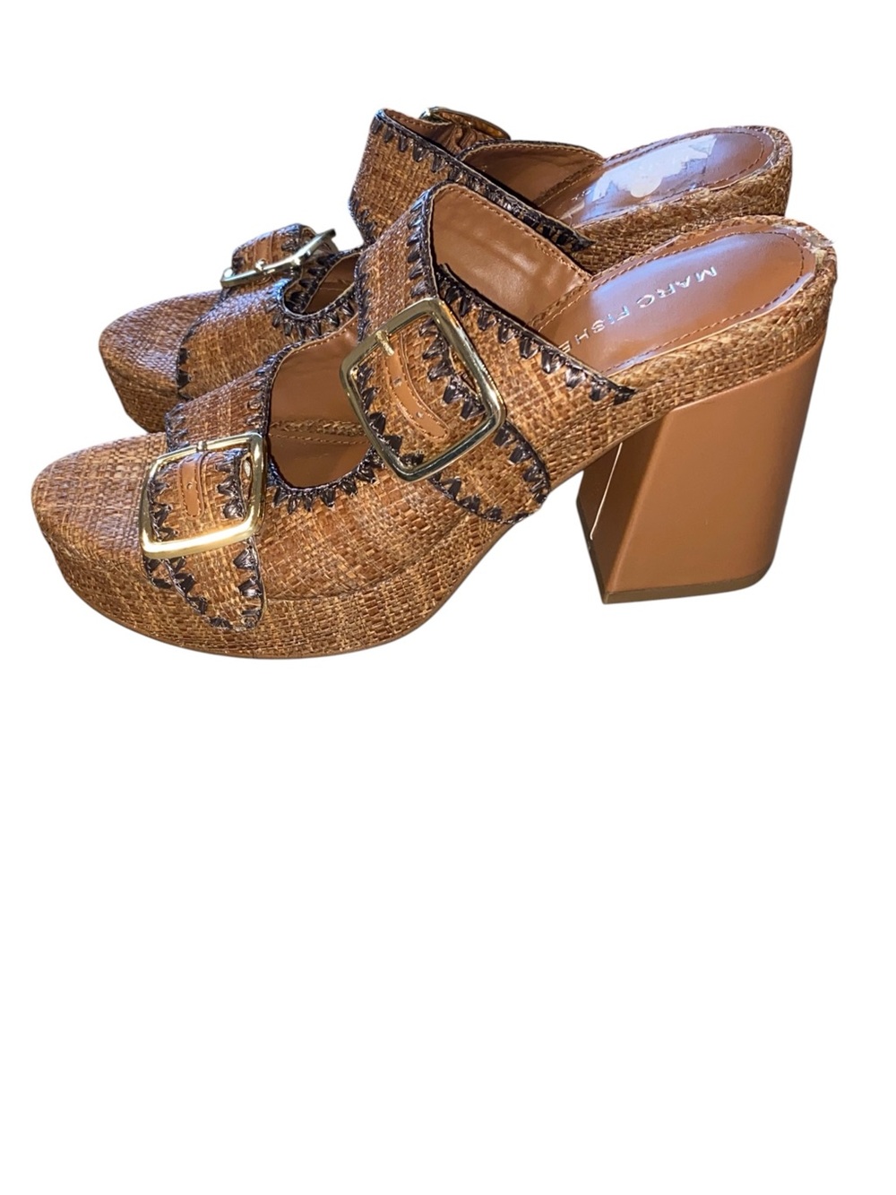 Marc Fisher Dalen Raffia Platform Sandals Buckle Block Heel Mules Fall Academia